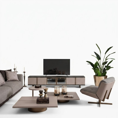 Living room suite armchair RTV lowboard coffee tables wood beige 6-piece set