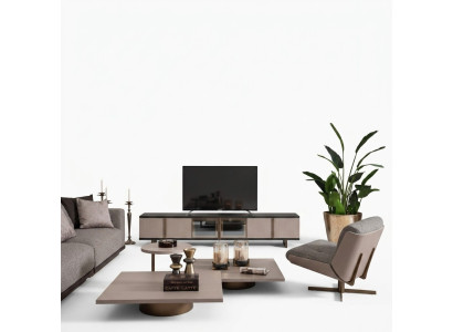 Living room suite armchair RTV lowboard coffee tables wood beige 6-piece set