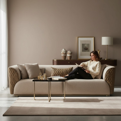 Modern three-seater sofa, three-seat upholstered sofa, fabric sofa, beige, stylish sofas.
