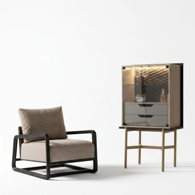 Group Living Room Set 3-piece Armchair Side Table Cabinet Gray Relax