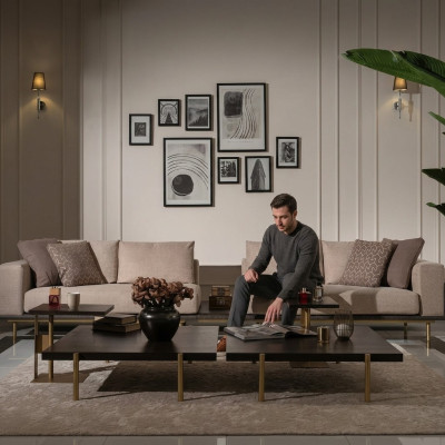Living room set sofa coffee tables 4-piece fabric sofa beige wood modern