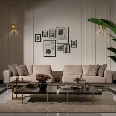 Living room set sofa coffee tables 4-piece fabric sofa beige wood modern