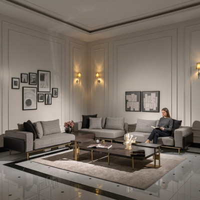 Living Room Suite Sofa Coffee Tables 5-piece Fabric Sofa Gray Wood Set