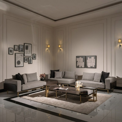 Living Room Suite Sofa Coffee Tables 5-piece Fabric Sofa Gray Wood Set