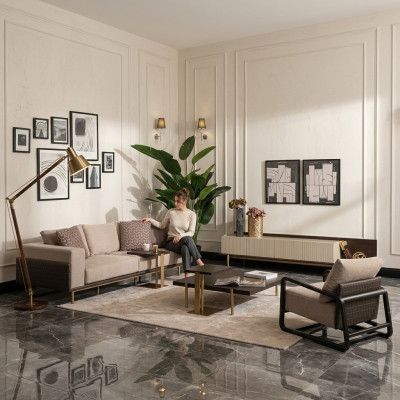 Complete living room sofa coffee tables 6-piece fabric sofa beige wood modern