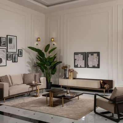 Complete living room sofa coffee tables 6-piece fabric sofa beige wood modern