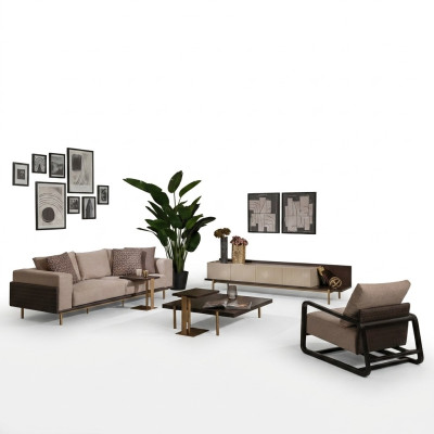 Complete living room sofa coffee tables 6-piece fabric sofa beige wood modern