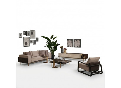 Complete living room sofa coffee tables 6-piece fabric sofa beige wood modern