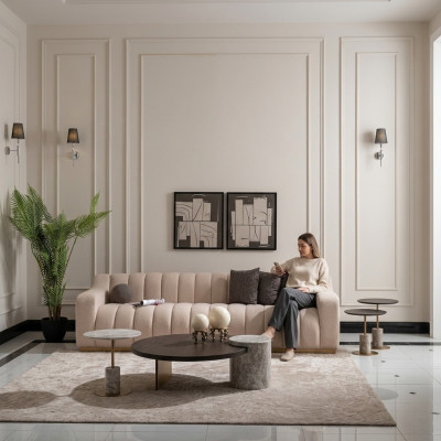 Living room set three-seater coffee tables 4-piece fabric sofa beige wood