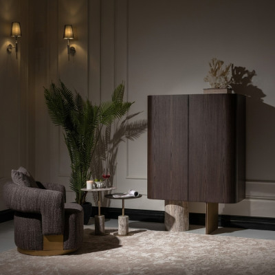 Living Room Complete Armchairs Side Tables 4-Piece Fabric Brown Wood Bar