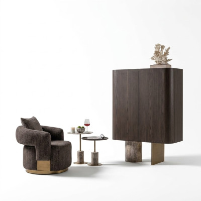 Living Room Complete Armchairs Side Tables 4-Piece Fabric Brown Wood Bar