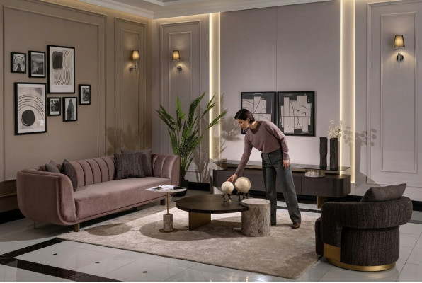 Living room set sofa armchair brown fabric coffee table set 5-piece RTV