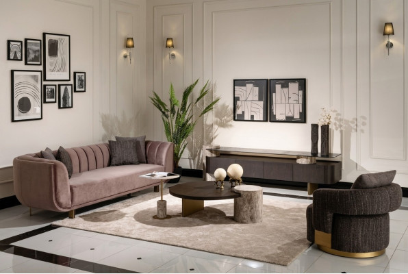 Living room set sofa armchair brown fabric coffee table set 5-piece RTV