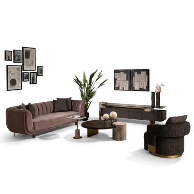 Living room set sofa armchair brown fabric coffee table set 5-piece RTV