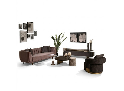 Living room set sofa armchair brown fabric coffee table set 5-piece RTV