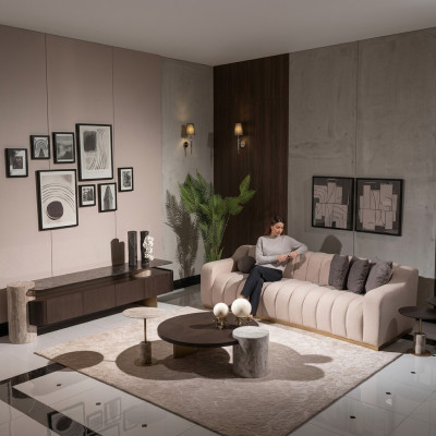 Luxury Complete Living Room Sofa Coffee Tables 6-piece Set Fabric Beige Wood