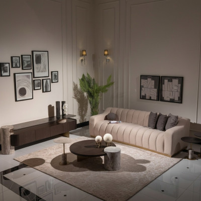 Luxury Complete Living Room Sofa Coffee Tables 6-piece Set Fabric Beige Wood