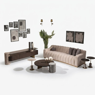 Luxury Complete Living Room Sofa Coffee Tables 6-piece Set Fabric Beige Wood