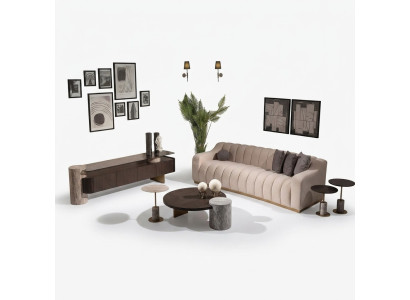 Luxury Complete Living Room Sofa Coffee Tables 6-piece Set Fabric Beige Wood