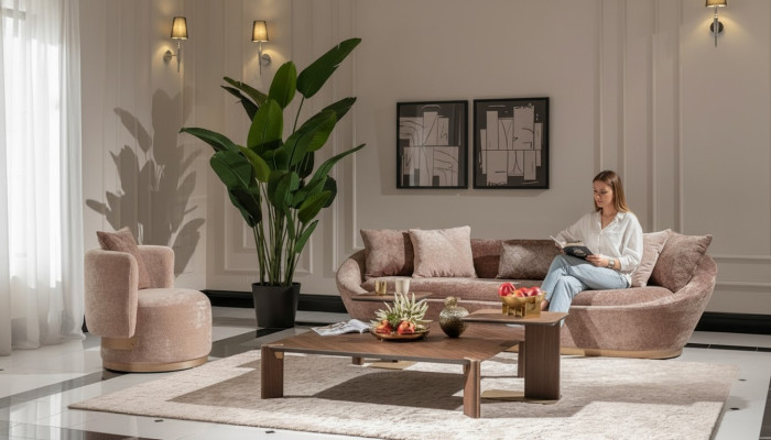 Couch set, sofa set, fabric sofa, three-seater, armchair, beige couch set