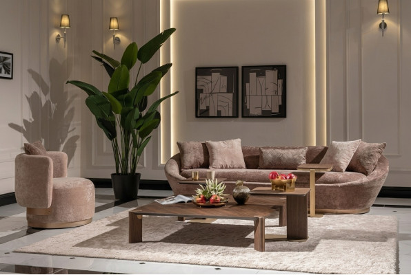 Couch set, sofa set, fabric sofa, three-seater, armchair, beige couch set
