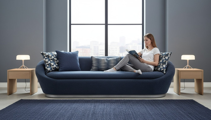 Modern three-seater sofa, 3-seat fabric sofa, blue upholstered sofa, fabric couch