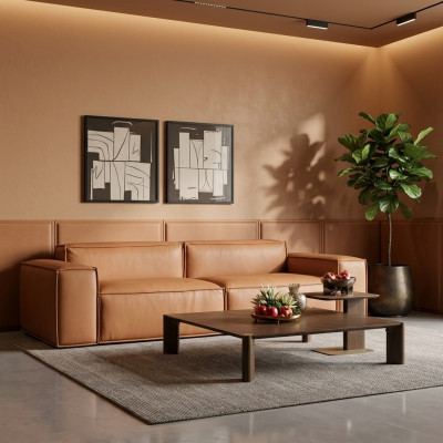 Luxury three-seater sofa, 3-seater brown upholstered sofa, couch, faux leather, new