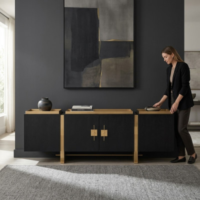 Sideboard Cabinet Dresser Wood Black Modern Design Gold