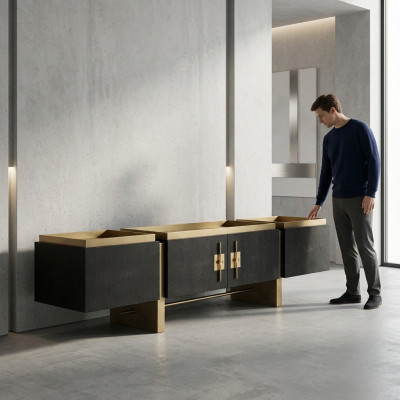 Sideboard RTV Lowboard TV Stand Black Modern Design Gold Wood