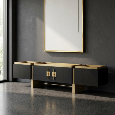 Sideboard RTV Lowboard TV Stand Black Modern Design Gold Wood
