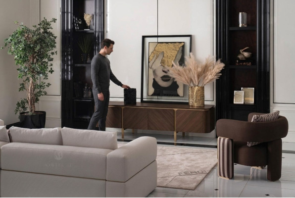 Set of furniture: corner sofa, armchair, fabric sofa, TV lowboard, beige, modern 3-piece set.
