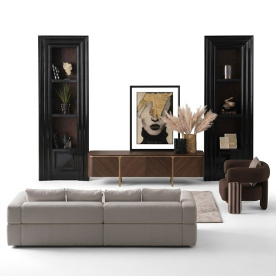 Set of furniture: corner sofa, armchair, fabric sofa, TV lowboard, beige, modern 3-piece set.