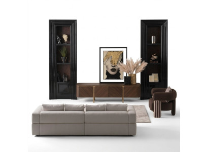 Set of furniture: corner sofa, armchair, fabric sofa, TV lowboard, beige, modern 3-piece set.