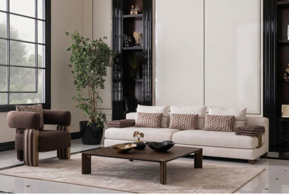 Complete sofa set: sofa, armchair, brown fabric sofa, upholstered sofa, table.