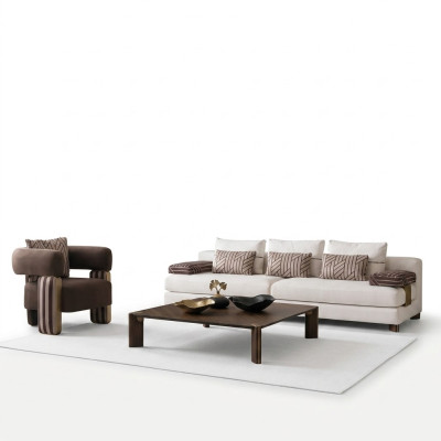 Complete sofa set: sofa, armchair, brown fabric sofa, upholstered sofa, table.