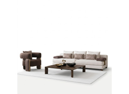 Complete sofa set: sofa, armchair, brown fabric sofa, upholstered sofa, table.