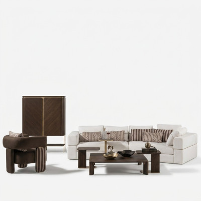 Living room suite corner sofa fabric sofa armchair coffee table set 6-piece brown