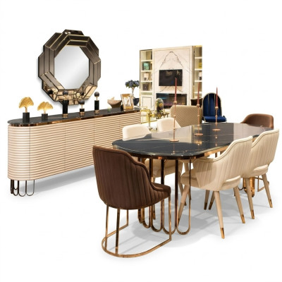Dining set dining nook dining table chairs beige set 9-piece luxury wood dining room.