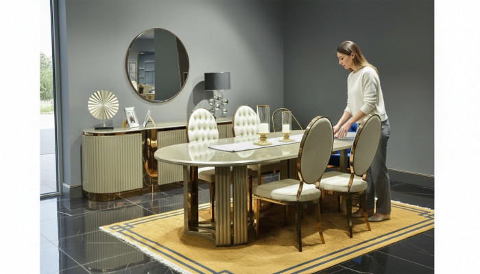 Luxury Dining Room Dining Set Dining Nook Dining Table Chairs Beige 9-piece Set Wood