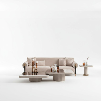 Living room sofa set 3-seater fabric sofa beige coffee tables set of 4
