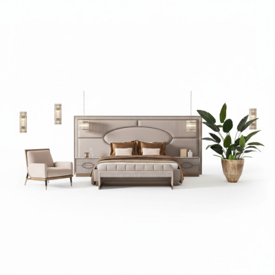 Luxury bedroom suite double bed nightstand set 5-piece beige seat