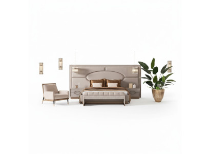 Luxury bedroom suite double bed nightstand set 5-piece beige seat