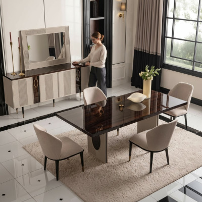 Luxurious dining room dining set dining corner dining table chairs beige 9-piece set wood