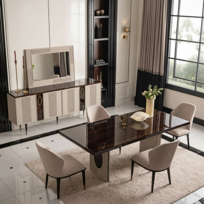 Dining nook Dining room Dining set Luxury dining table Chairs Beige wood Set 7-piece