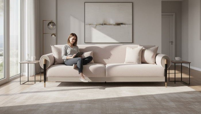 Fabric sofa three-seater sofa, 3-seat upholstered sofa, modern design, beige, new.