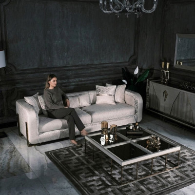 Three-seater sofa, 3-seat coffee table, gray upholstered sofa, fabric sofa set, 2-piece.