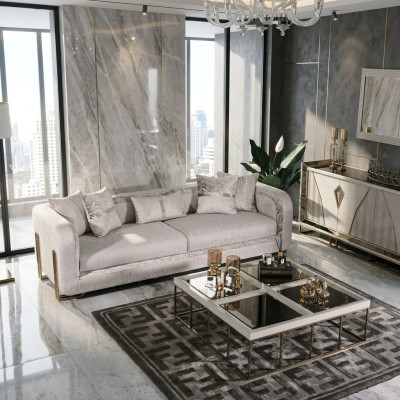 Three-seater sofa, 3-seat coffee table, gray upholstered sofa, fabric sofa set, 2-piece.