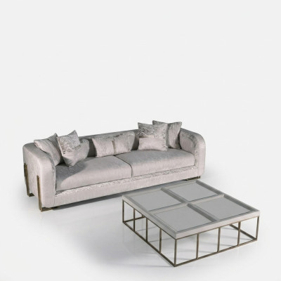Three-seater sofa, 3-seat coffee table, gray upholstered sofa, fabric sofa set, 2-piece.