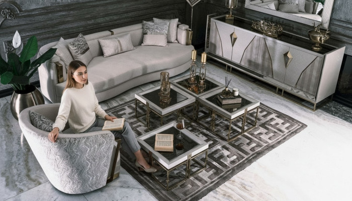 Luxury Suite Fabric Sofa Armchair Living Room Coffee Table Set 7-Piece Gray