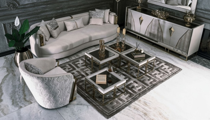 Luxury Suite Fabric Sofa Armchair Living Room Coffee Table Set 7-Piece Gray